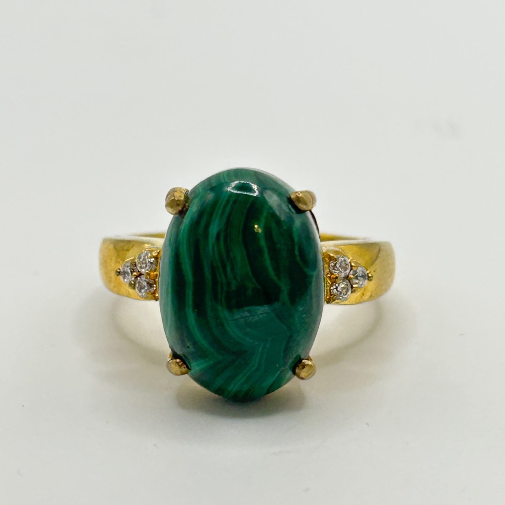 Malachite and White Sapphire Ring; Size 9; GdB